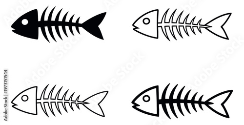 Stylized fish skeleton set featuring solid and line art variations for design projects