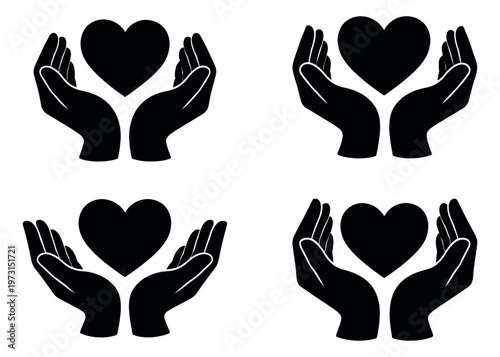 Graphic heart and hands symbol set featuring two hands cupping a heart for medical care and philanthropy