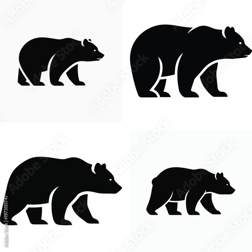 Four black bear in profile walking on white background grizzly bear silhouette animal
