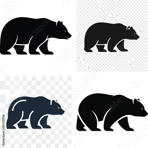 Four black bear silhouettes walking on white and transparent backgrounds animal wildlife