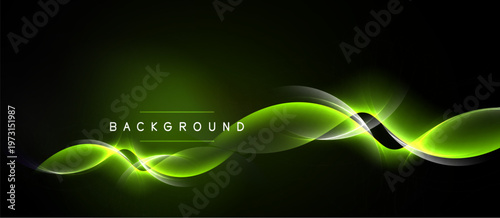 Dark background features vibrant green waves. Light effects create dynamic, flowing design. Text reads BACKGROUND. Simple, modern aesthetic.