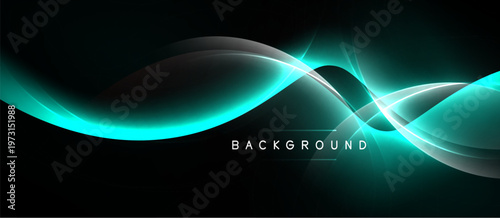 Abstract flowing lines, teal hues dominate dark background. Dynamic curves suggest movement, energy, modern design aesthetic.