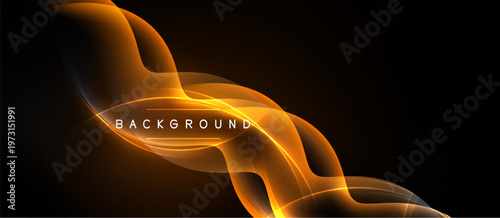 Dynamic orange waves flow across black space. Elegant design suggests energy, movement, modern aesthetic. Background text reads background.
