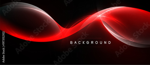 Abstract red light curves over black background. Bright glow creates dynamic visual effect. Modern design element.