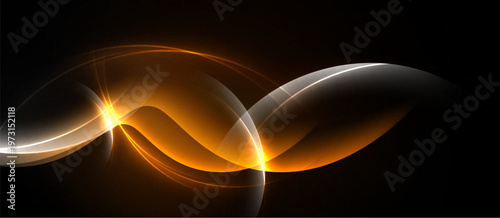 Abstract design features flowing orange, white lines against dark background. Bright glow emanates from central point, creating dynamic visual effect.