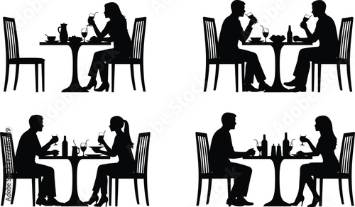 Couple dining silhouettes restaurant people eating together black vector illustration isolated design romantic dinner date food lifestyle concept set