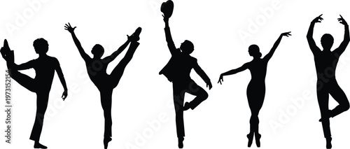 Dancer silhouettes ballet and modern dance poses black vector illustration isolated design artistic performance movement grace collection set