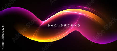 Abstract vibrant waves, neon colors blend. Dark background emphasizes flowing light curves, creating dynamic visual effect.
