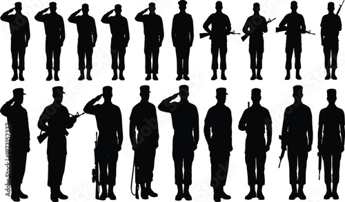 Military soldiers silhouettes collection army personnel salute weapon black vector illustration isolated design defense forces uniform standing set
