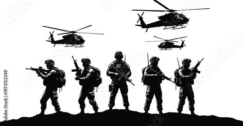 Military soldiers silhouettes with helicopters army combat team black vector illustration isolated design defense war tactical operation concept set