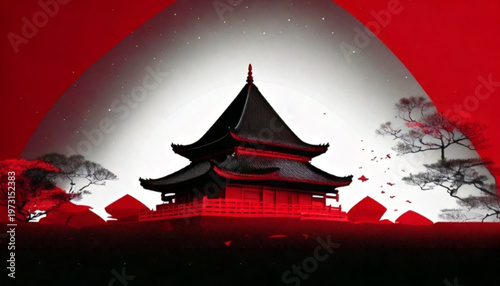 Traditional Japanese Temple Silhouette Against Red Sun.