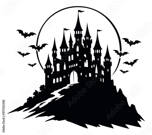 Silhouette illustration of a haunted castle depicting bats flying around a full moon for Halloween