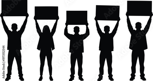 Protesters silhouettes holding blank signs demonstration people black vector illustration isolated design activism protest rally social movement concept crowd