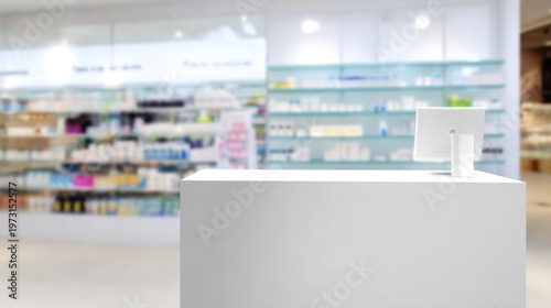 Modern Pharmacy Counter with Shelves of Medications and Health Products in Background