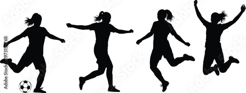 Women soccer player silhouettes football action poses black vector illustration isolated design sport female athlete movement kick jump set