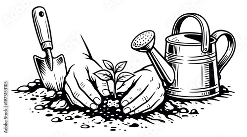 Vintage style hand drawn line art illustration of hands planting a seedling with gardening tools depicting spring gardening for growth