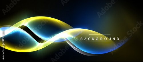 Abstract neon waves, vibrant yellow, blue hues. Dark background creates dramatic visual effect. Modern design element.