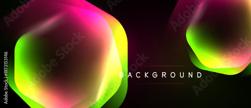 Abstract vibrant shapes overlap dark background. Gradient colors create dynamic visual effect. Modern design element for presentations.