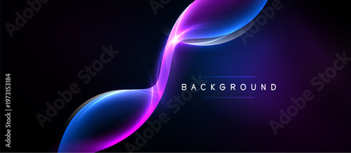 Abstract neon lines create flowing shapes against dark background. Vibrant purple, blue hues dominate composition. Minimalist design.