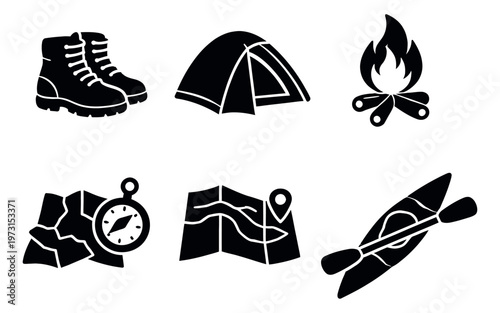 Modern flat outdoor adventure icon set featuring hiking boots, camping tent, campfire, maps, compass, and kayak for outdoor recreation and travel