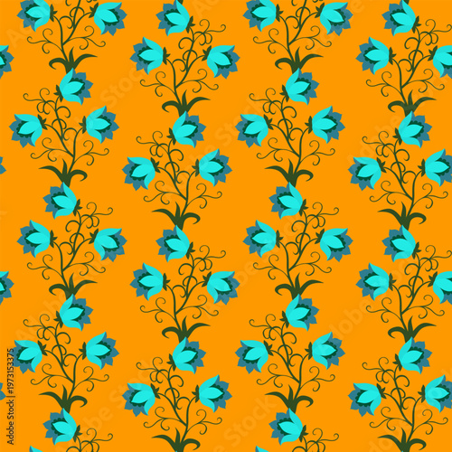 Beautiful light blue flowers on gold background. Seamless pattern with decora...