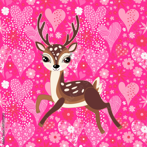 Cute little deer with spots on his back on the background of pink hearts and flowers. 