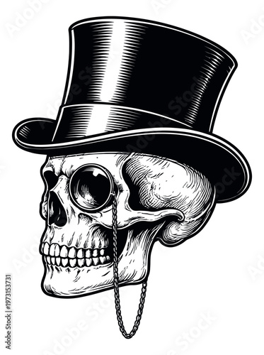 Line art illustration of a skull depicting a gentlemanly style for vintage design