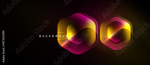 Dark background features glowing hexagons. Gradient colors blend from yellow to magenta. Text BACKGROUND appears near shapes. Modern design element.