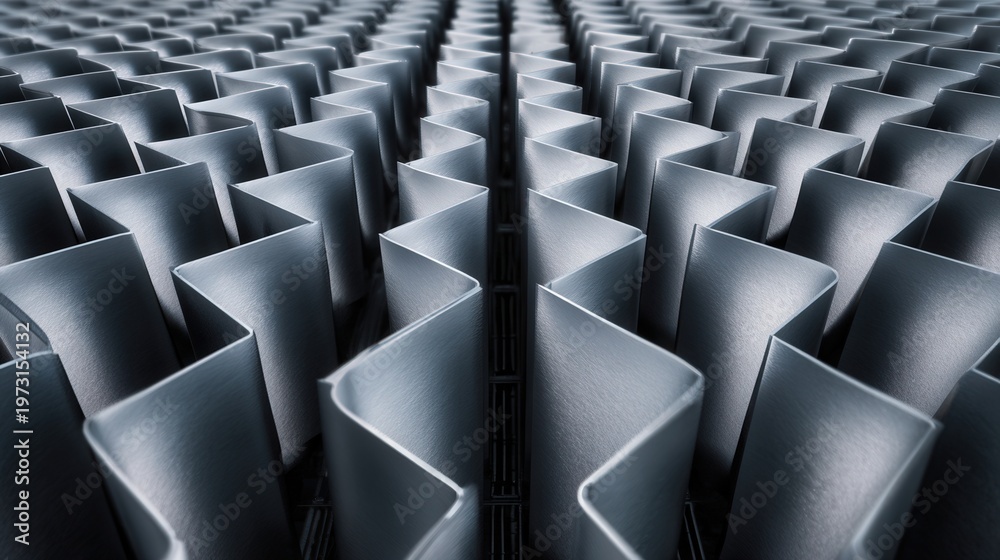 Obraz premium Minimal repeating metal fins pattern creates monochrome industrial geometry with rhythmic vents and angled panels casting sharp shadows, engineered cooling array used in HVAC and electronics