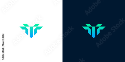 Geometric abstract 'V' shape logo design with gradient blue and green colors on white and dark backgrounds