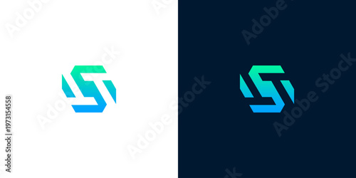 Contemporary abstract symbol combining fluid lines and hexagonal structure, rendered in a striking aqua and emerald gradient, perfect for dynamic brand representation