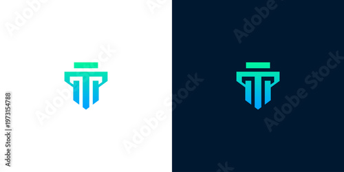 Modern abstract T pillar logo design with gradients on white and dark backgrounds, representing stability and strength