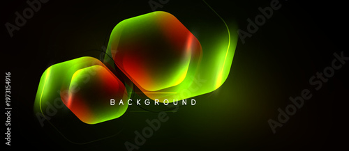 Abstract neon shapes overlap dark background. Vibrant colors blend, creating dynamic visual effect. Modern design element.