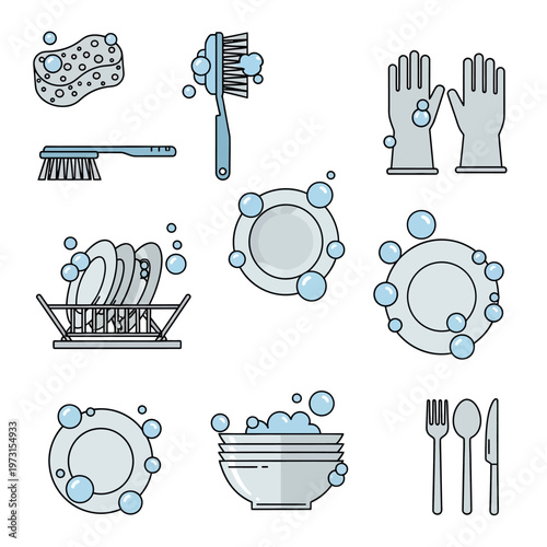 Kitchen Cleaning Set: Dishes, Gloves, Brushes, and Bubbles Illustration