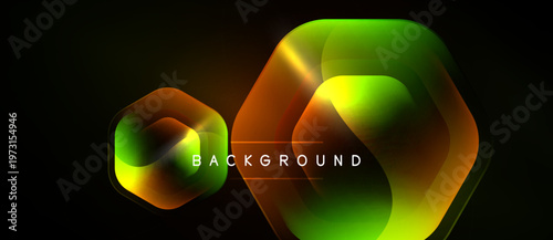Abstract neon hexagons overlap, creating vibrant gradients. Dark background emphasizes glowing shapes, modern design element.