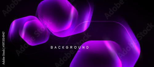 Abstract purple shapes overlap dark background. Modern design features glowing lines, gradients, smooth curves. Minimalist aesthetic.