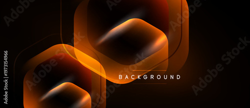 Abstract geometric design. Orange hexagons overlap dark background. Modern, dynamic composition with glossy reflections. Text reads background.