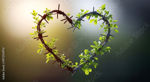 Heart Shape Made of Barbed Wire with Green Leaves Sprouting
