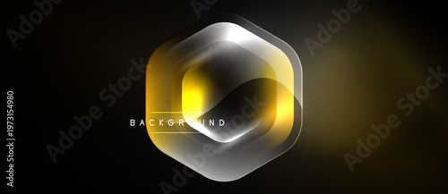 Abstract hexagon design. Metallic gold, silver layers create glowing effect against dark backdrop. Modern, dynamic composition.