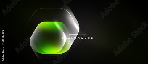 Dark backdrop features vibrant hexagon shape. Gradient colors blend, creating modern abstract design. Minimalist aesthetic, sleek presentation.