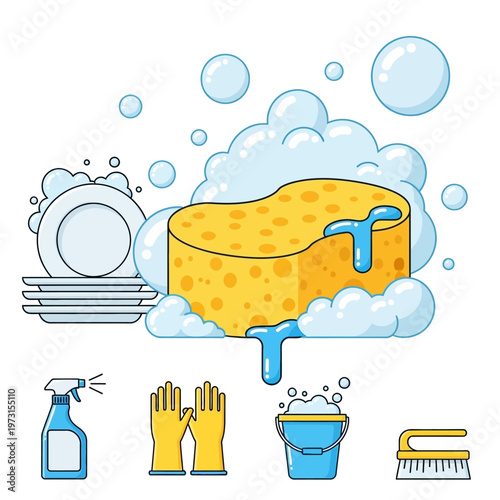Kitchen cleaning supplies: sponge, dishes, spray bottle, gloves, bucket, brush with soap suds