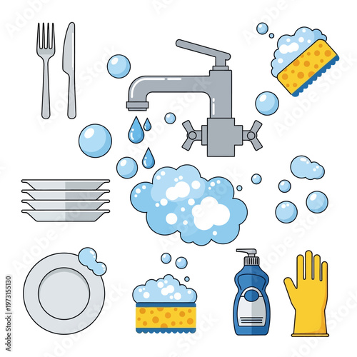 Kitchen sink cleaning set: faucet, dishes, sponge, soap, gloves, bubbles