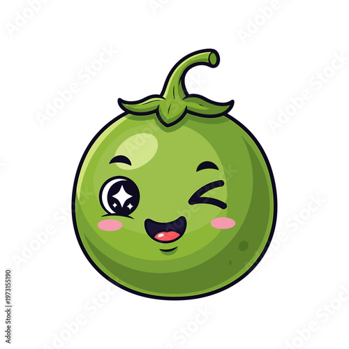Cute kawaii green tomato character winking with happy expression, isolated on white background
