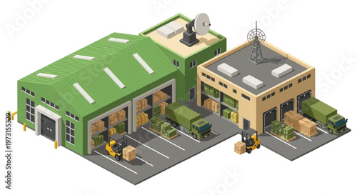 Isometric vector illustration depicting a military logistics base complex, showcasing warehouses, vehicles, and soldiers involved in operation, set against a clean background, with focus