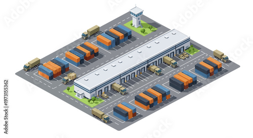Isometric vector illustration depicting a military logistics base complex with military warehouses and vehicles, showcasing an army operation design with a neutral background