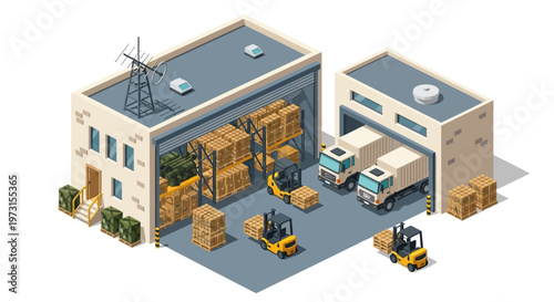 Isometric vector illustration depicting a military logistics base complex, showcasing soldiers operating forklifts to manage military warehouses and vehicles, conveying a sense of global