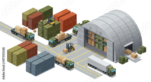 Isometric vector illustration depicting a bustling military logistics operation, showcasing soldiers and forklifts moving supplies around a large army warehouse complex filled with military