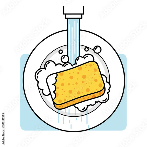 Washing Dishes with Sponge and Bubbles Under Running Water