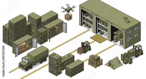 Isometric vector illustration showing a detailed military logistics base complex with soldiers, vehicles, warehouses, and cargo containers, set against a white background, conveying a sense