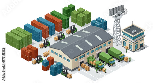 Isometric vector illustration of a military logistics base complex with various army warehouses and vehicles, featuring soldiers and characters in a design conveying a business operation